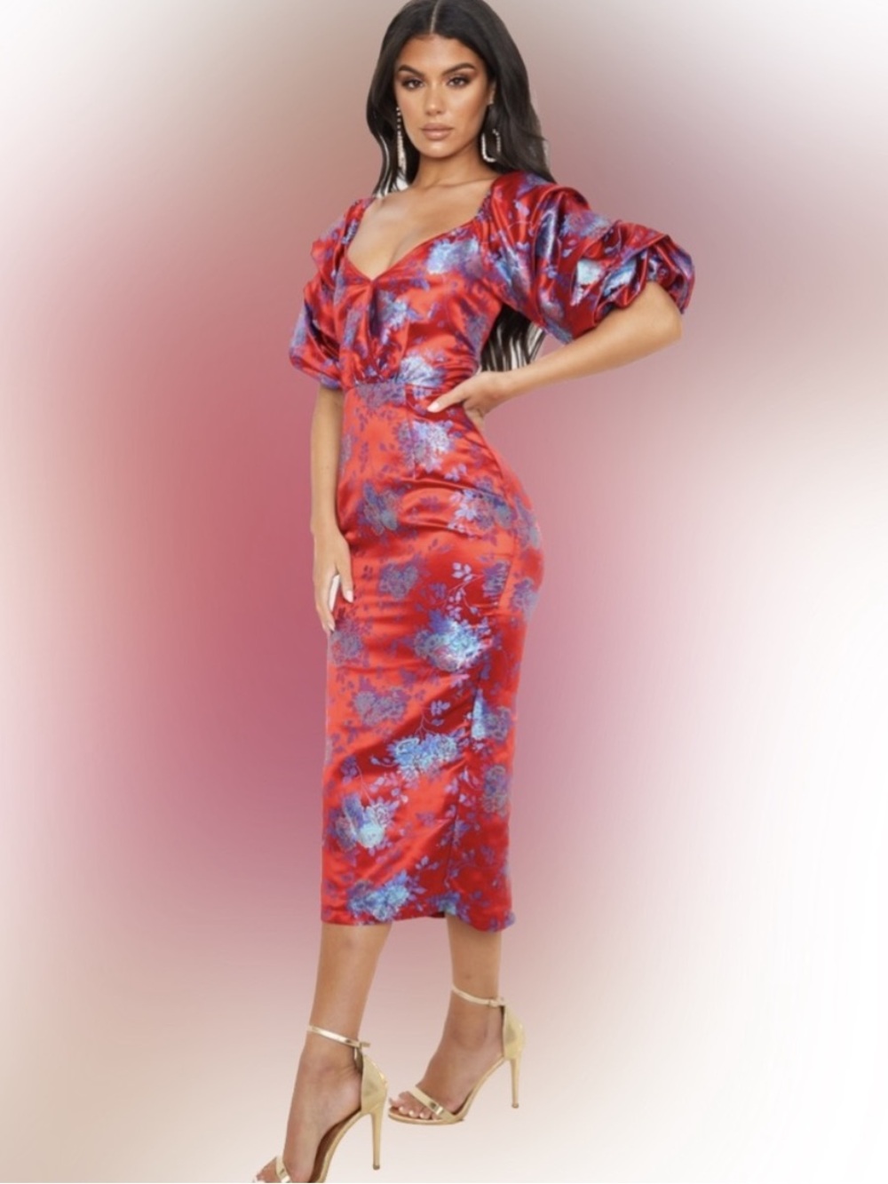 PrettyLittleThing Red Floral Puff Sleeve Midi Dress